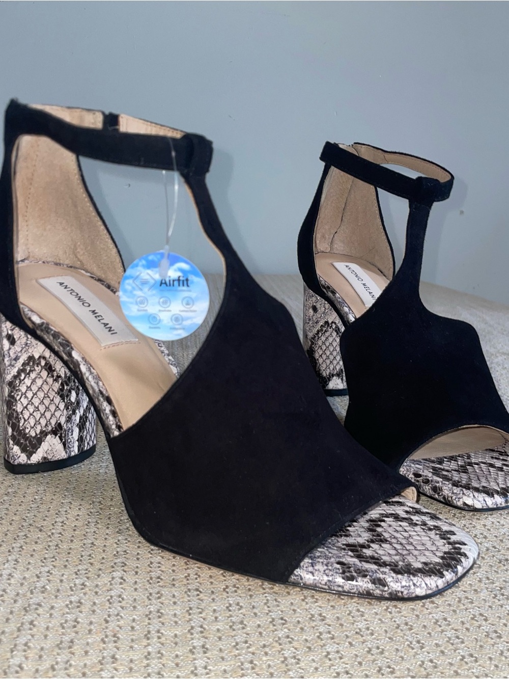ANTONIO MELANI Black Suede Open-Toe Heels with Snake-Print Block Heel